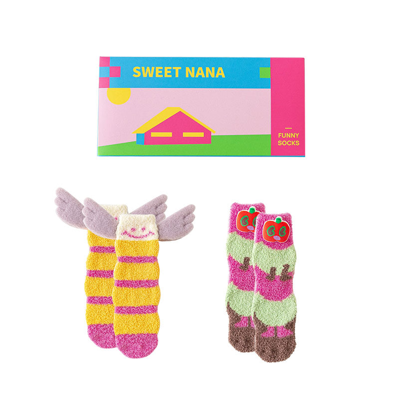禮品盒套裝 Sweetnana 毛毛蟲系列 舒適管襪 - 女士搞笑襪 超柔軟絨毛襪，冬季保暖加厚襪子 防滑拖鞋襪。