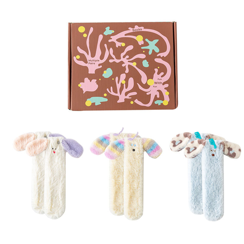 禮品盒套裝 Sweetnana 舒適管襪，適合女性和兒童，可愛的 3D 耳朵系列，搞笑動物設計拖鞋襪，冬季保暖加厚襪，防滑休閒穿著。