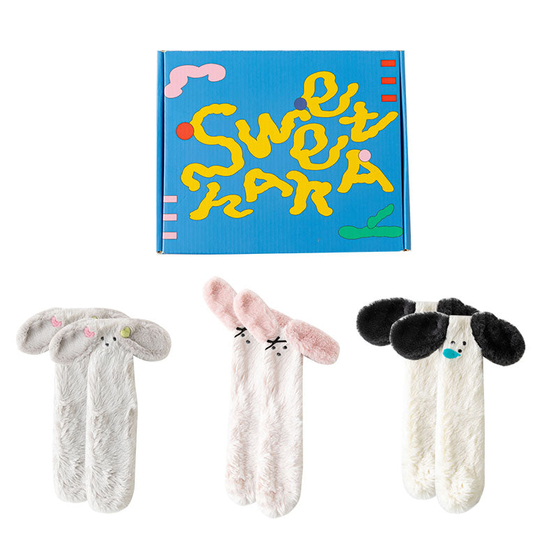 禮品盒套裝 Sweetnana 舒適管襪，適合女性和兒童，可愛的 3D 耳朵系列，搞笑動物設計休閒服，防滑拖鞋襪，冬季柔軟加厚襪子。