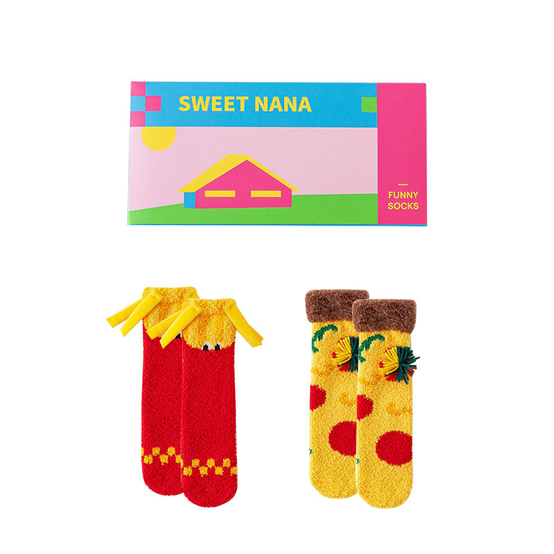 禮品盒套裝 Sweetnana 趣味漢堡系列 舒適管襪 - 柔軟毛絨襪子，女性冬季保暖加厚短襪，休閒穿著防滑襪。