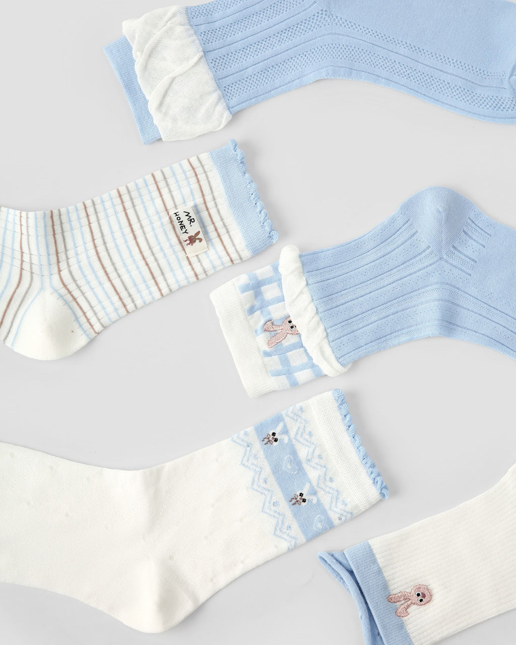 Gift Box Set  Womens Crew Socks Soft Blue Isle Bunny Stripe Lace Rib Cute - SWEET NANA