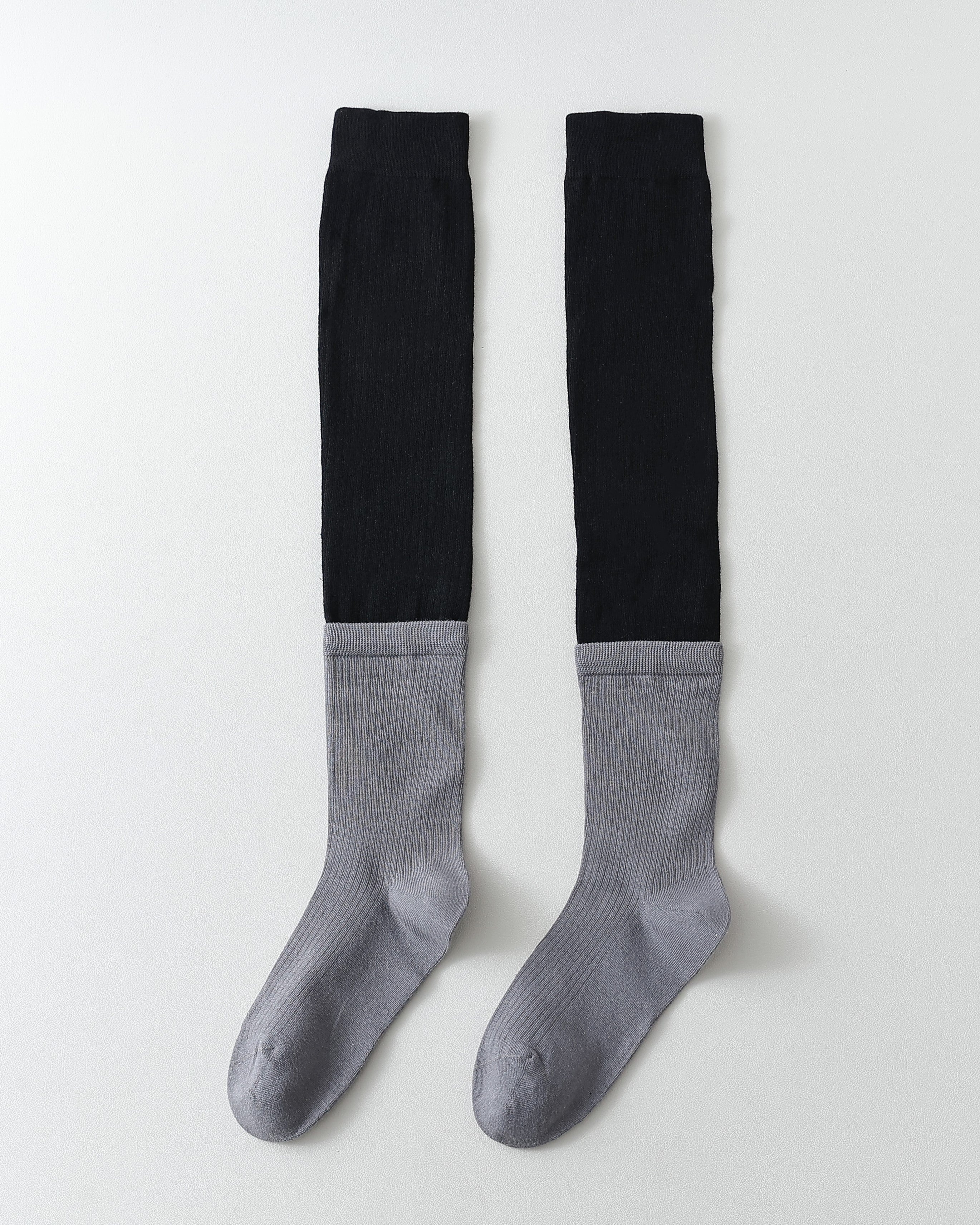 女款及膝襪 灰黑撞色羅紋棉質休閒