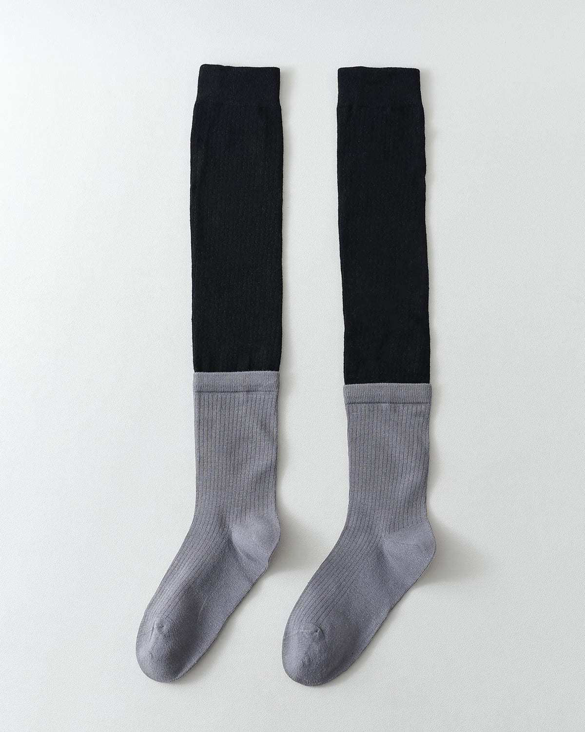 女款及膝襪 灰黑撞色羅紋棉質休閒