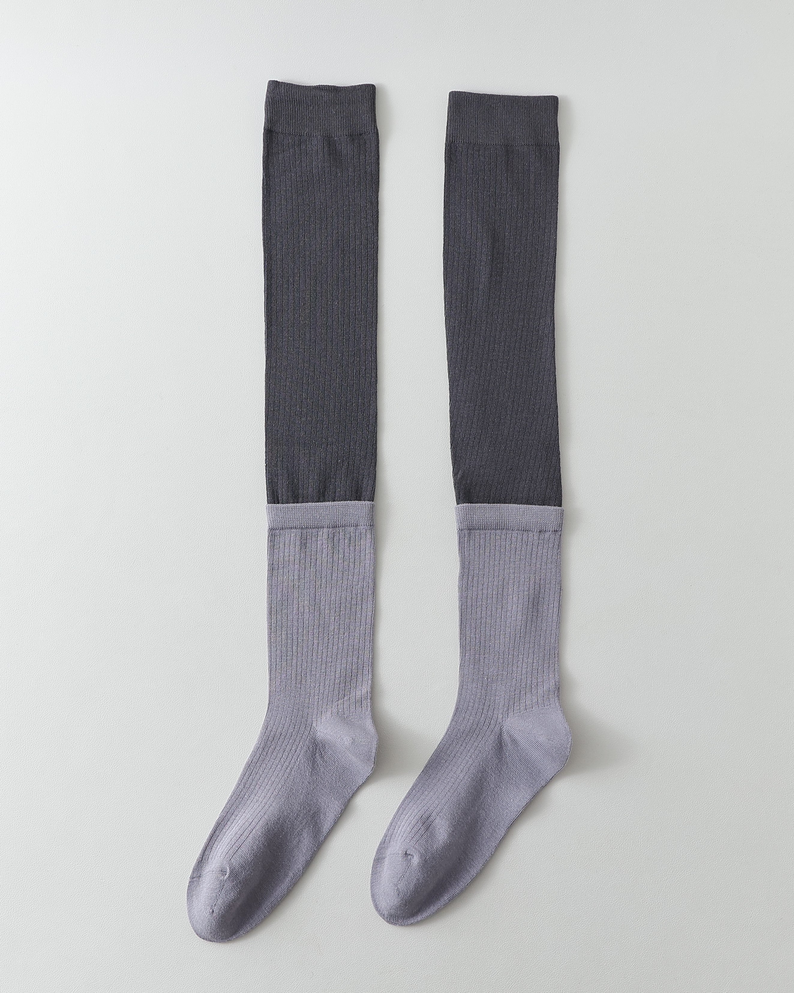 女款及膝襪 灰黑撞色羅紋棉質休閒