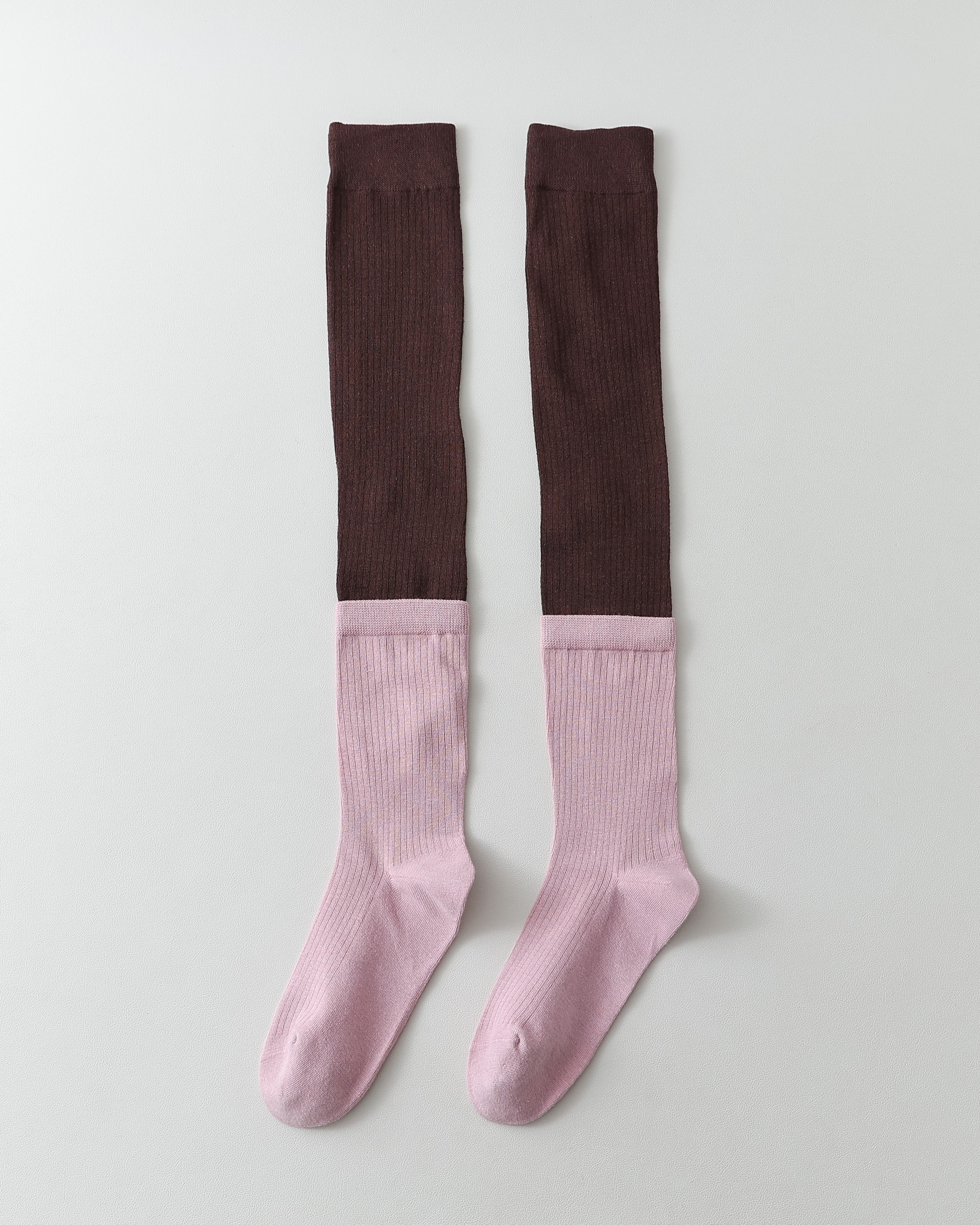 女款及膝襪 灰黑撞色羅紋棉質休閒