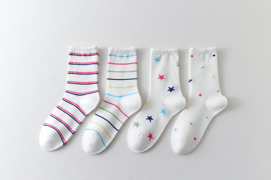Women Crew Socks White Cotton Colorful Star Series Cute Kawaii - SWEET NANA
