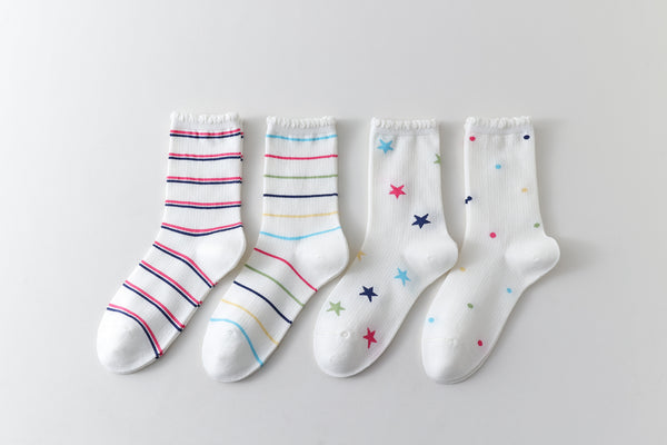 Women Crew Socks White Cotton Colorful Star Series Cute Kawaii - SWEET NANA