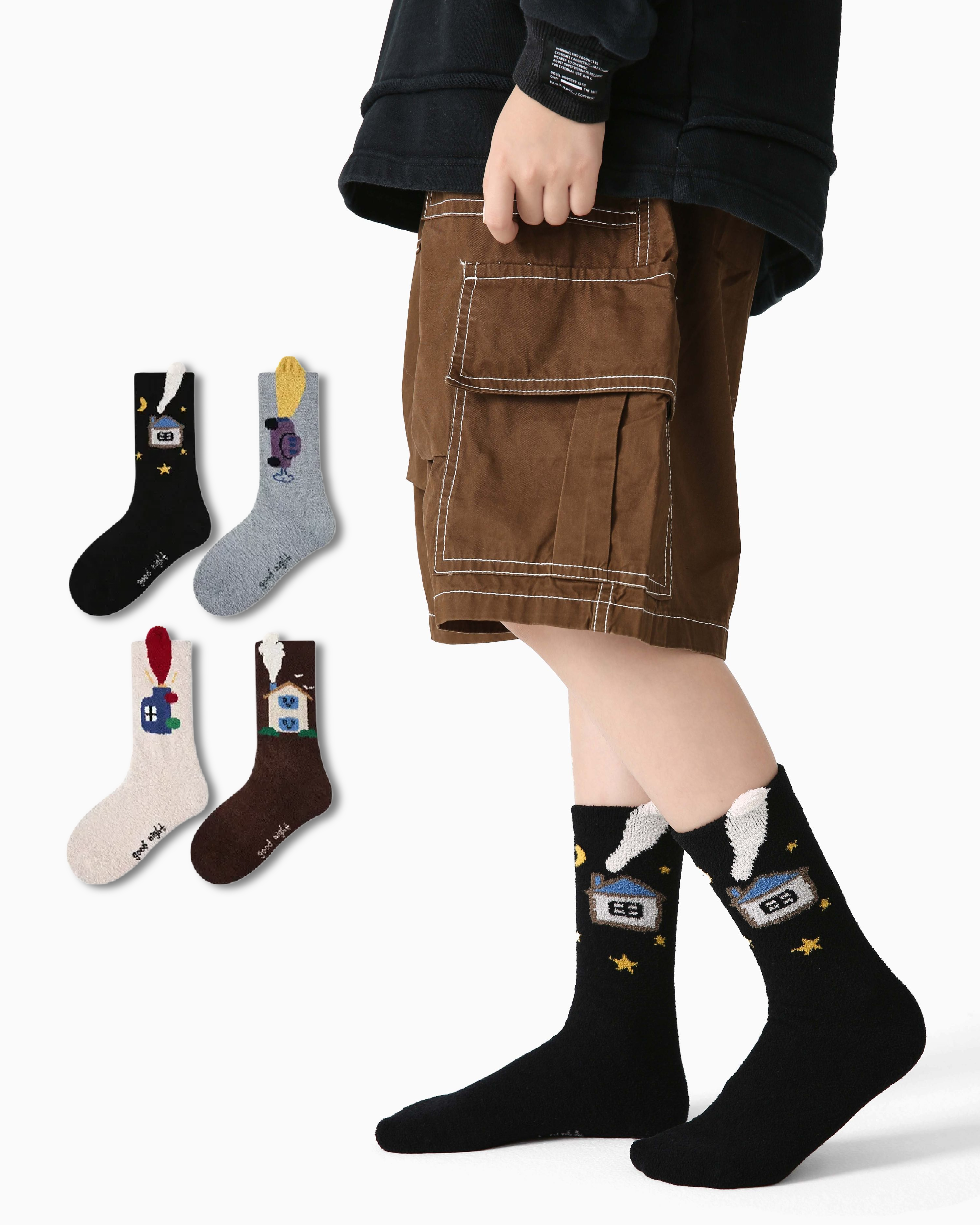 4パック 車 コテージ ハーフ ベルベット キッズ ソックス 快適で柔らかいコーラルフリース クルー