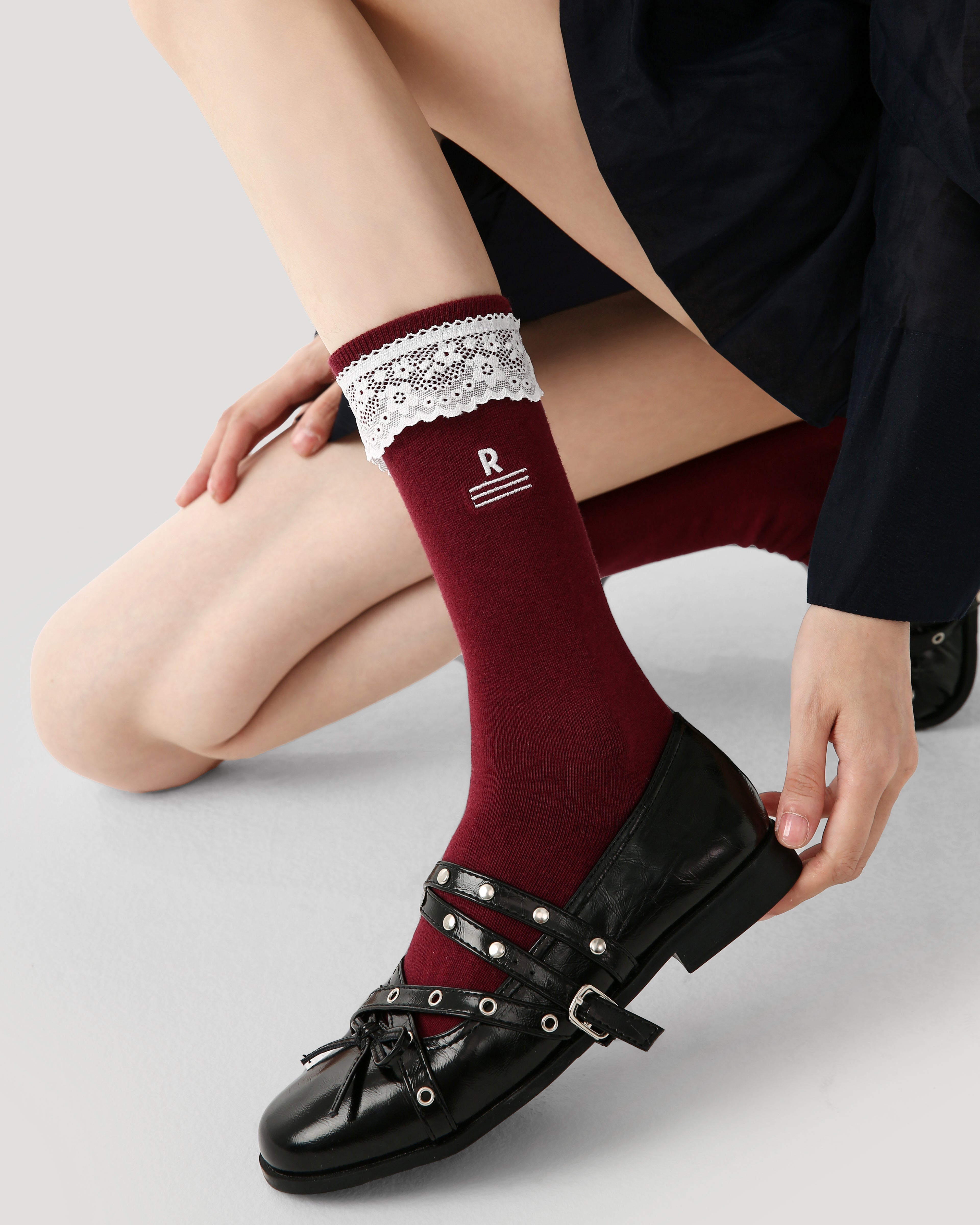 Women Crew Socks Lace Solid Color Cotton Cute Chic Style - SWEET NANA