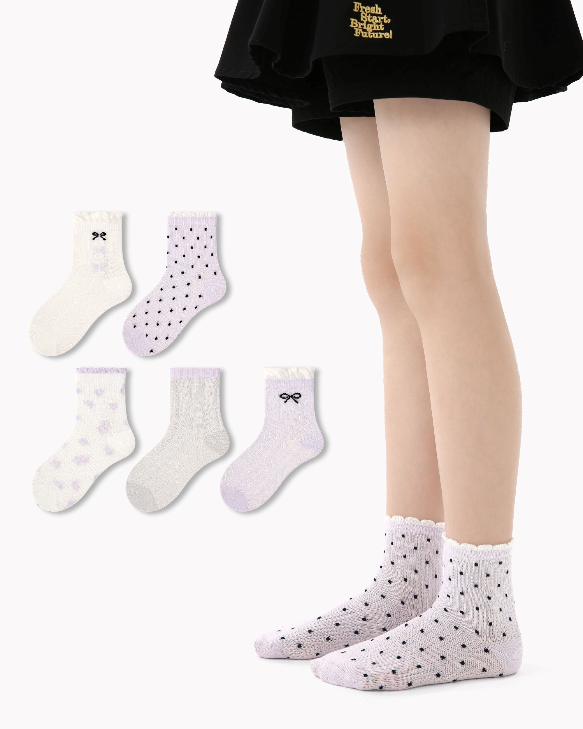 5 Pack Kids Crew Socks Purple Garden Mesh Breathable Bow Pattern - SWEET NANA Main image