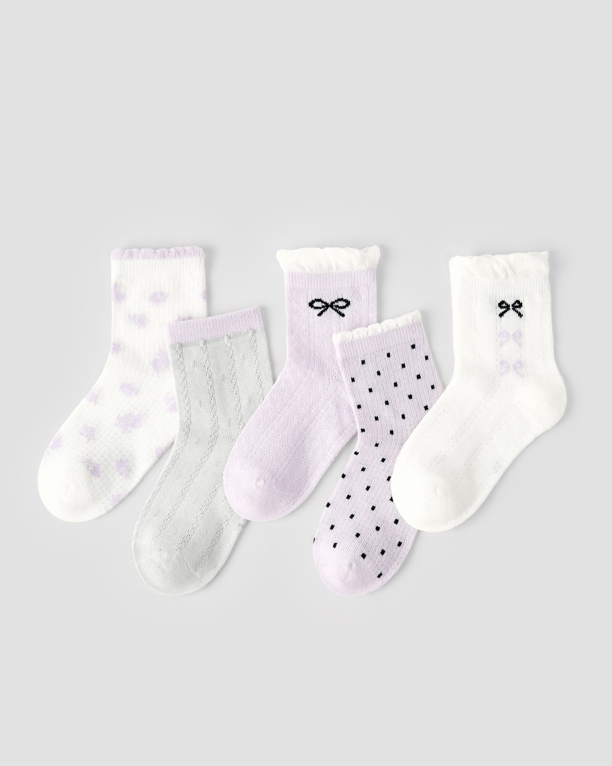 5 Pack Kids Crew Socks Purple Garden Mesh Breathable Bow Pattern