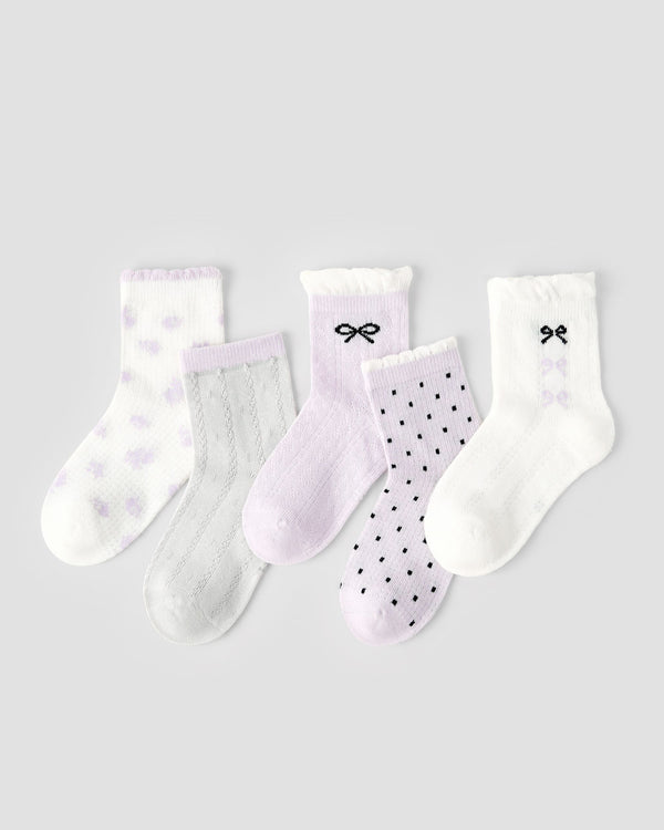 5 Pack Kids Crew Socks Purple Garden Mesh Breathable Bow Pattern - SWEET NANA