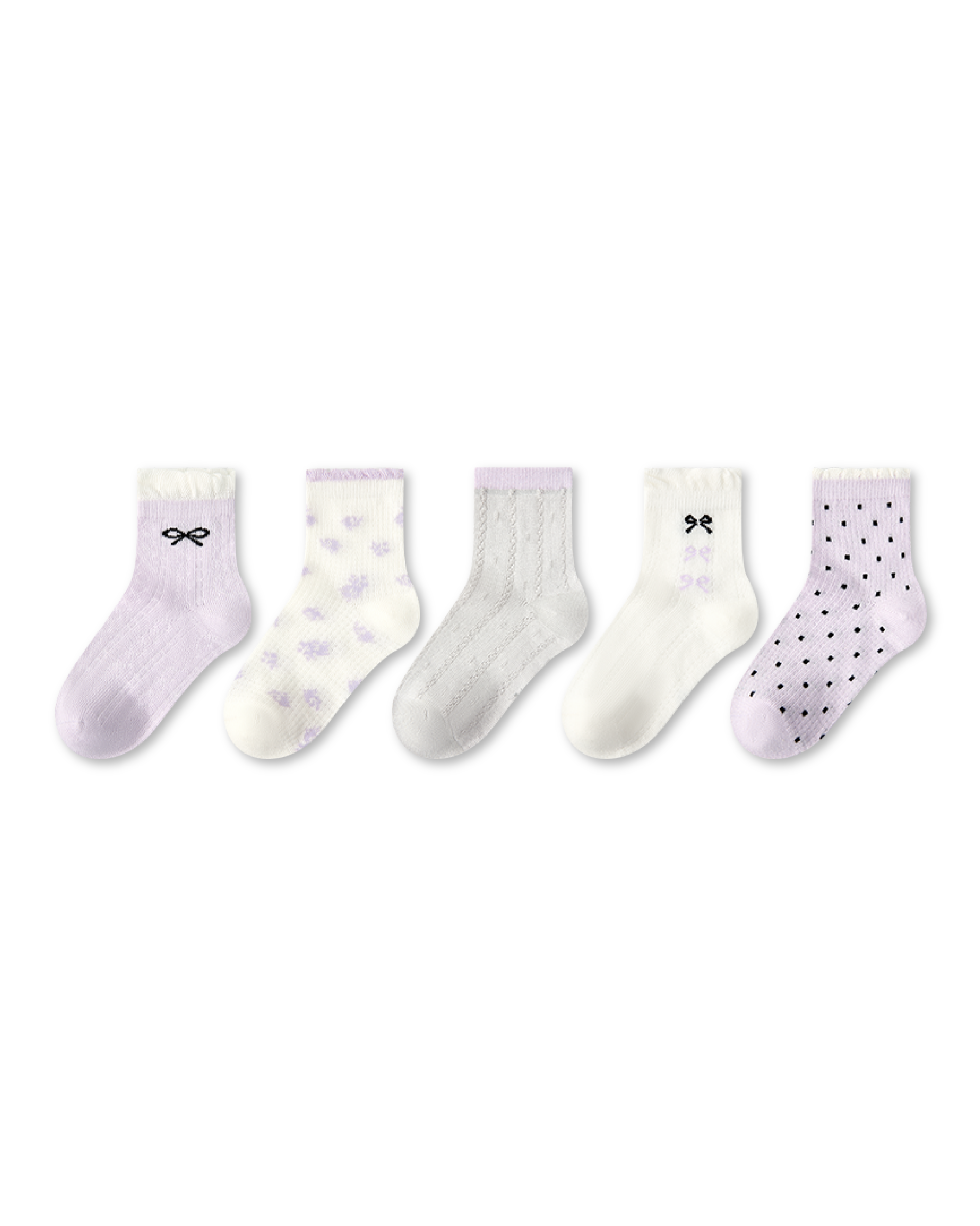 5 Pack Kids Crew Socks Purple Garden Mesh Breathable Bow Pattern - SWEET NANA