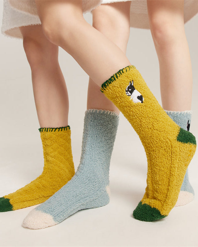 Sweetnana コージークルーソックス 女性＆男性用 - 動物刺繍シリーズ ふわふわ＆カラフルなソックス - 冬のストッキングに最適