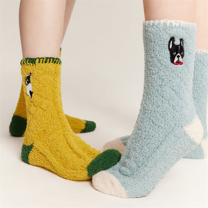 Sweetnana コージークルーソックス 女性＆男性用 - 動物刺繍シリーズ ふわふわ＆カラフルなソックス - 冬のストッキングに最適