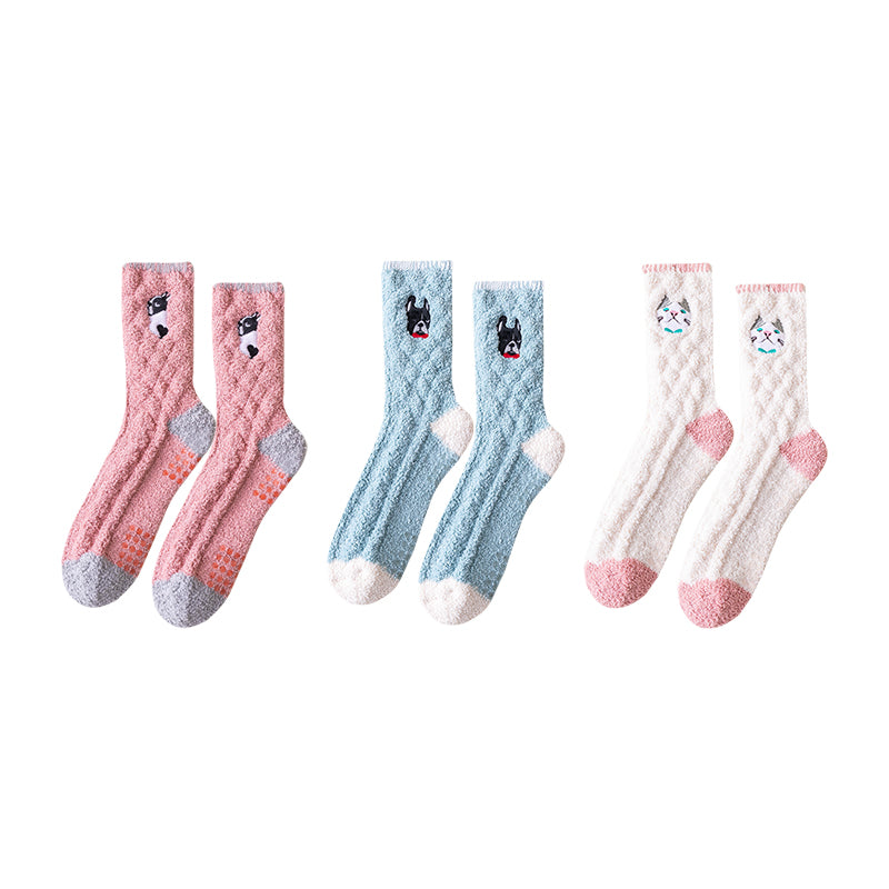 Sweetnana 3パック コージークルーソックス 女性用＆男性用 - 動物刺繍シリーズ 厚手のふわふわソックス - 冬のストッキング＆ラウンジウェアに最適