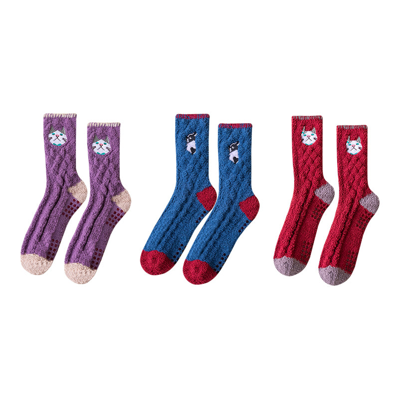 Sweetnana 3パック コージークルーソックス 女性用＆男性用 - 動物刺繍シリーズ 厚手のふわふわソックス - 冬のストッキング＆ラウンジウェアに最適