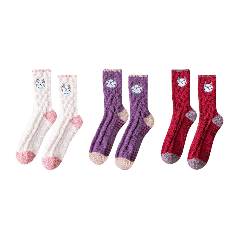 Sweetnana 3パック コージークルーソックス 女性用＆男性用 - 動物刺繍シリーズ 厚手のふわふわソックス - 冬のストッキング＆ラウンジウェアに最適