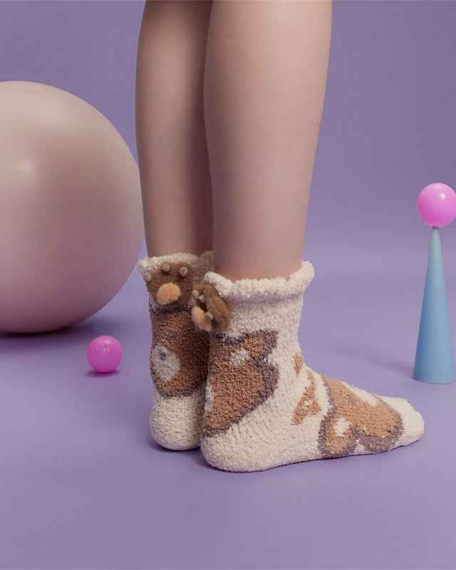 Sweetnana 3-Pack Cozy Crew Socks for Women - Cute Bear Themed Super Soft and Fuzzy Winter Stockings - Non-Slip Thickened Slipper Socks