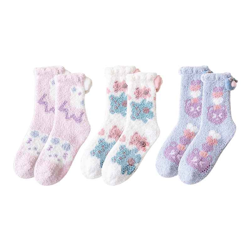 Sweetnana 3-Pack Cozy Crew Socks for Women - Cute Bear Themed Super Soft and Fuzzy Winter Stockings - Non-Slip Thickened Slipper Socks