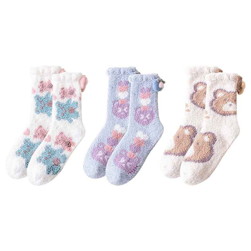 Sweetnana 3-Pack Cozy Crew Socks for Women - Cute Bear Themed Super Soft and Fuzzy Winter Stockings - Non-Slip Thickened Slipper Socks