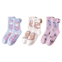 Sweetnana 3パック コージークルーソックス 女性用 - かわいいクマテーマの超ソフトでふわふわの冬用ストッキング - 滑り止め付き厚手スリッパソックス