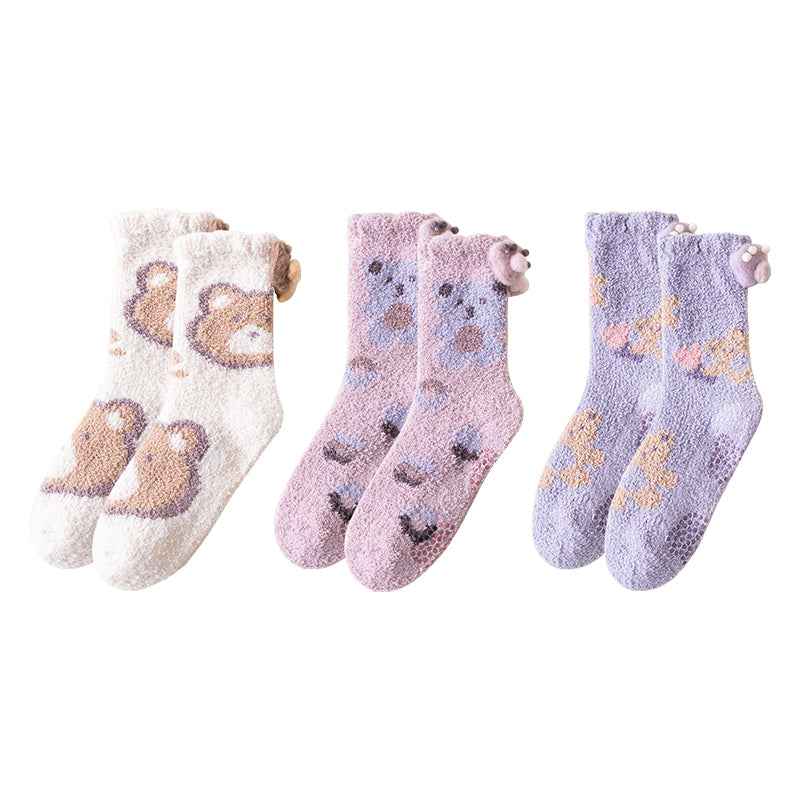 Sweetnana 3-Pack Cozy Crew Socks for Women - Cute Bear Themed Super Soft and Fuzzy Winter Stockings - Non-Slip Thickened Slipper Socks