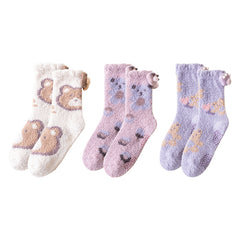 Sweetnana 3パック コージークルーソックス 女性用 - かわいいクマテーマの超ソフトでふわふわの冬用ストッキング - 滑り止め付き厚手スリッパソックス