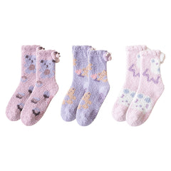 Sweetnana 3パック コージークルーソックス 女性用 - かわいいクマテーマの超ソフトでふわふわの冬用ストッキング - 滑り止め付き厚手スリッパソックス