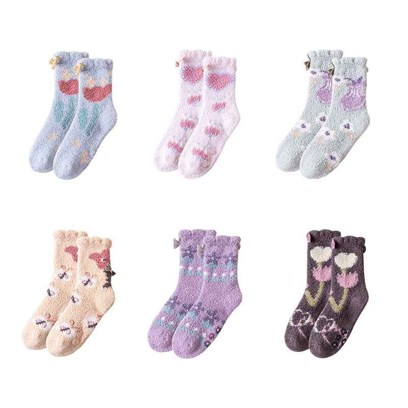 Cozy Crew Socks for Women by Sweetnana - Playful Flowers Series Super Soft Non-Slip Fuzzy Winter Stockings - Thickened Lounge Wear Socks