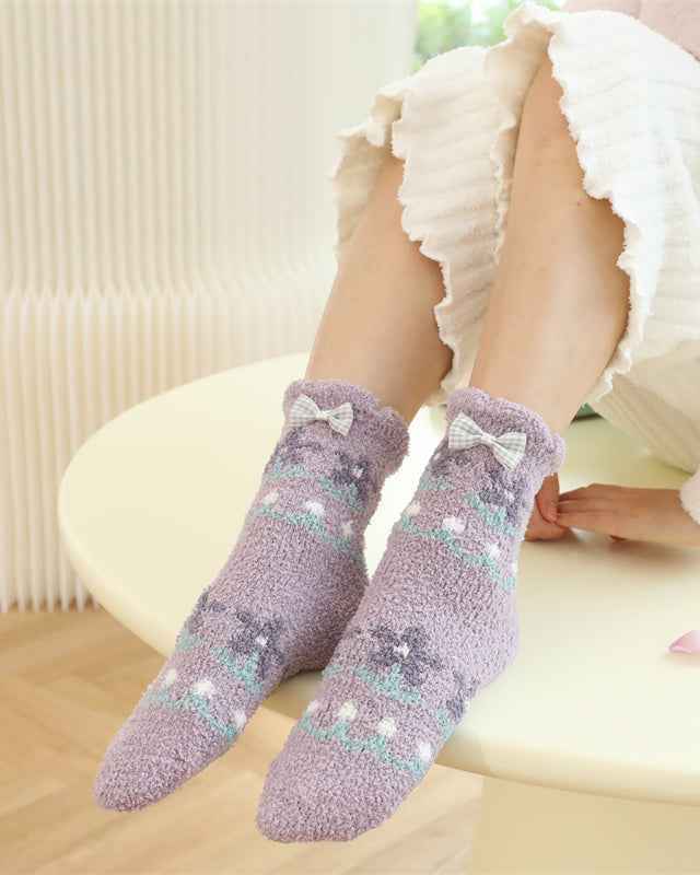 Sweetnana 3-Pack Cozy Crew Socks for Women - Playful Flowers Series Super Soft Fuzzy Winter Stockings - Non-Slip Thickened Slipper Socks
