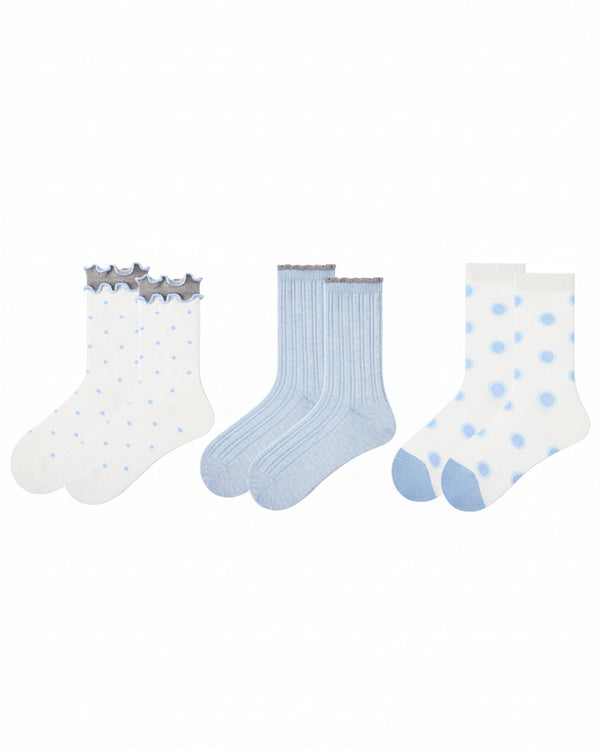 3-Pack Women Crew Socks Pastel Vibes Blue Star Series Cotton Ruffled - SWEET NANA