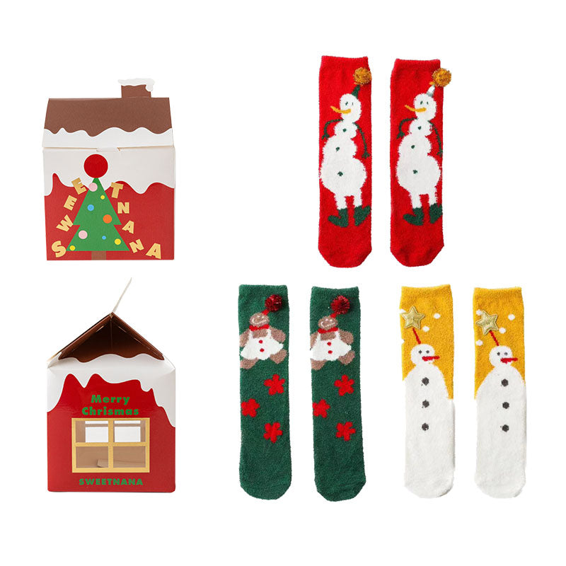 Sweetnana 3パッククリスマスソックス（女性用）、クルータイプチューブソックス、楽しいノベルティコージーソックス、暖かいふわふわソックス、冬用厚手クリスマスギフトボックス入り。