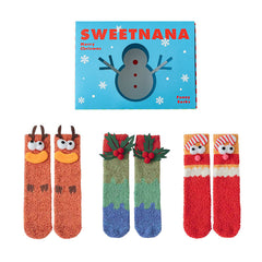 Sweetnana 3-Pack Christmas Tube Crew Socks, Creative Women's Warm Cozy Socks Winter Thickened Slipper Socks Non-Slip with Christmas Gift Box.