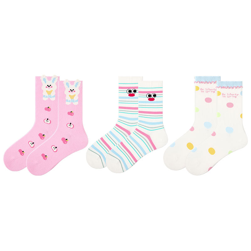 3-Pack Women's Crew Socks Cartoon Coconut Bunny Series Seamless Socks