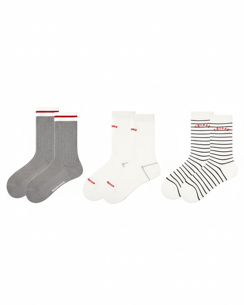 3-Pack Women Grey College Series Crew Socks Casual Versatile Socks - SWEET NANA