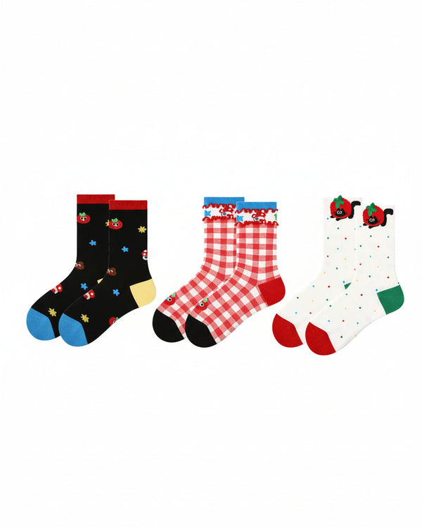 3-Pack Women Crew Socks Persimmon Sweet Cat Series Cotton Cute Fun - SWEET NANA