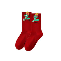 Sweetnana 3-Pack Red Festive Snake Socks for Women Crew Cotton Socks Chinese New Year Socks Year of The Snake