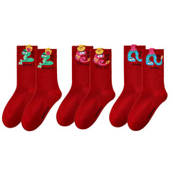 Sweetnana 3-Pack Red Festive Snake Socks for Women Crew Cotton Socks Chinese New Year Socks Year of The Snake