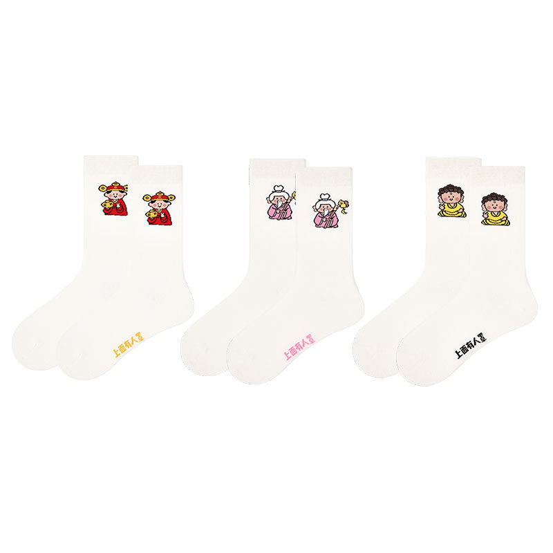 3足セット レディース クルーソックス 綿製 キャラクター柄 シームレスソックス