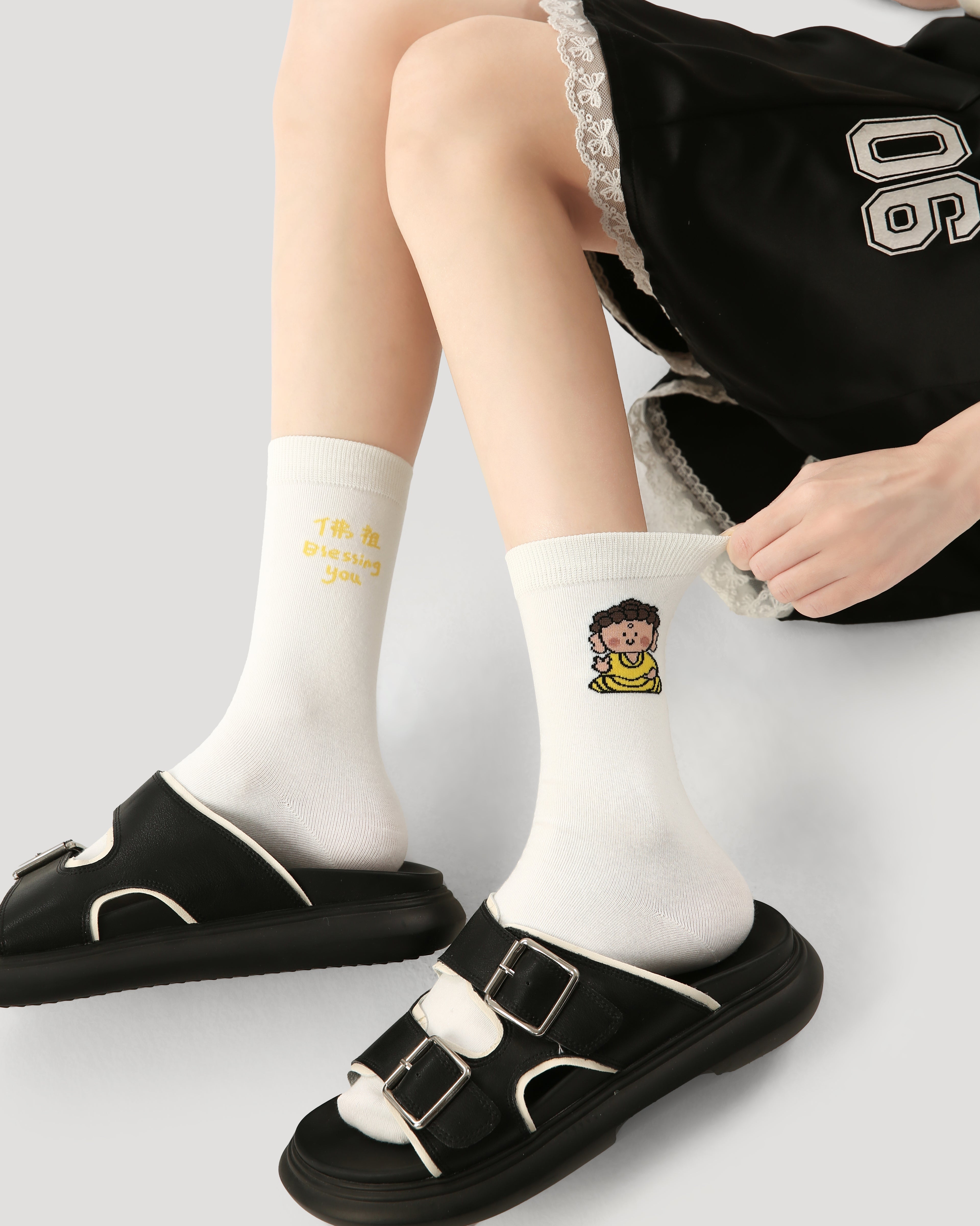 3足セット レディース クルーソックス 綿製 キャラクター柄 シームレスソックス