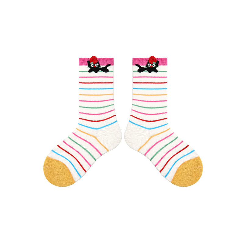 4-Pack Apple Cat Series Girls Cute Kids Socks Seamless Cotton Crew Socks
