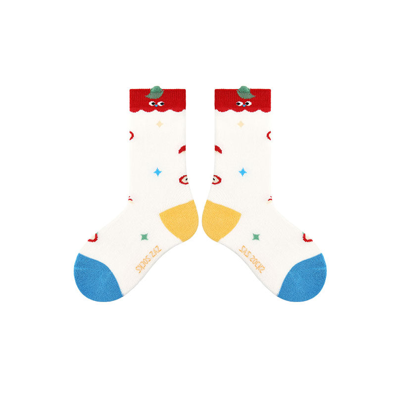 4-Pack Apple Cat Series Girls Cute Kids Socks Seamless Cotton Crew Socks