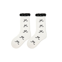 Sweetnana 4-Pack Autumn and Winter Children's Socks, Bow Print, Polka Dots, Elegant Ladylike Style, Warm, Comfort, Cotton Mid-calf Socks.