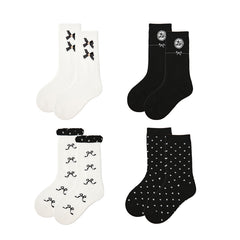 Sweetnana 4-Pack Autumn and Winter Children's Socks, Bow Print, Polka Dots, Elegant Ladylike Style, Warm, Comfort, Cotton Mid-calf Socks.