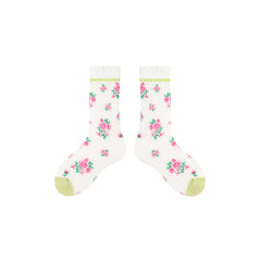 Sweetnana 4-Pack Children's "Bunny Puffs" Series Seamless Socks: Thin Breathable Mid-Calf Socks, Cuff Crimping Design with Stripe and Floral, Mesh Socks for Spring/Summer.