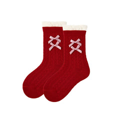 Sweetnana 4-Pack Children's Cotton Festive Red Socks with Bow-Knot Crew Socks Perfect for New Year