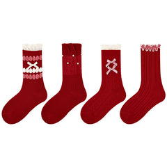 Sweetnana 4-Pack Children's Cotton Festive Red Socks with Bow-Knot Crew Socks Perfect for New Year