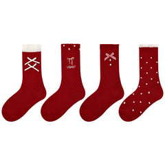 Sweetnana 4-Pack Children's Red New Year Socks Crew Socks with Bow-Knot and Pearl Perfect for New Year Gift