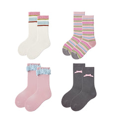 Sweetnana 4-Pack Children's Socks for Autumn and Winter, Bow and Stripe Design, Princess Style, lady Style, Absorb-sweat, Warm, Cotton Mid-calf Socks.